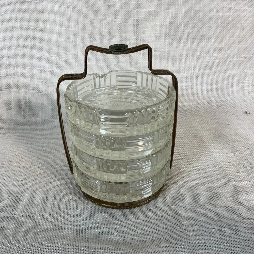 Vintage 4‎  Glass  Coasters With Filigree Brass Carrying Tray, Retro Barware